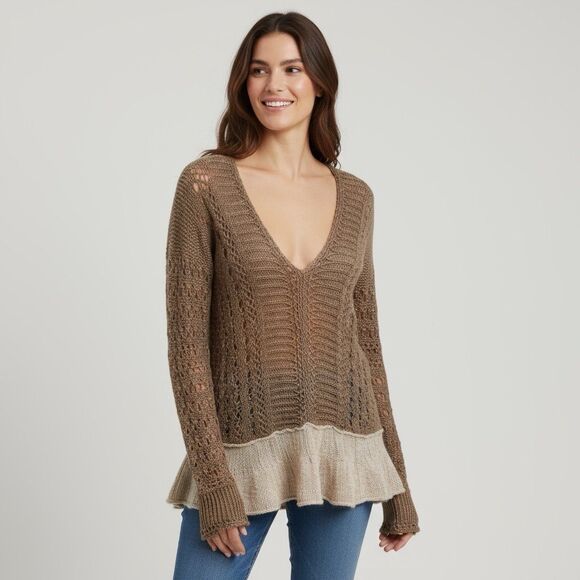 Free People Boho Open Knit Peplum Hem Sweater Tunic Brown Beige Taupe Size S - Picture 1 of 12